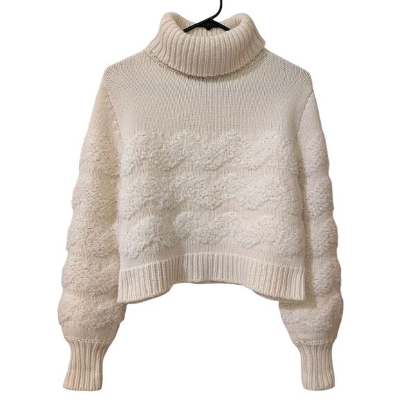 Monique Lhuillier Collection Textured Cream Turtleneck Boxy Cropped Sweater Sz M - Picture 1 of 4
